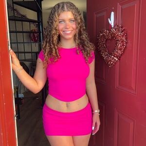 hot pink top and skirt set